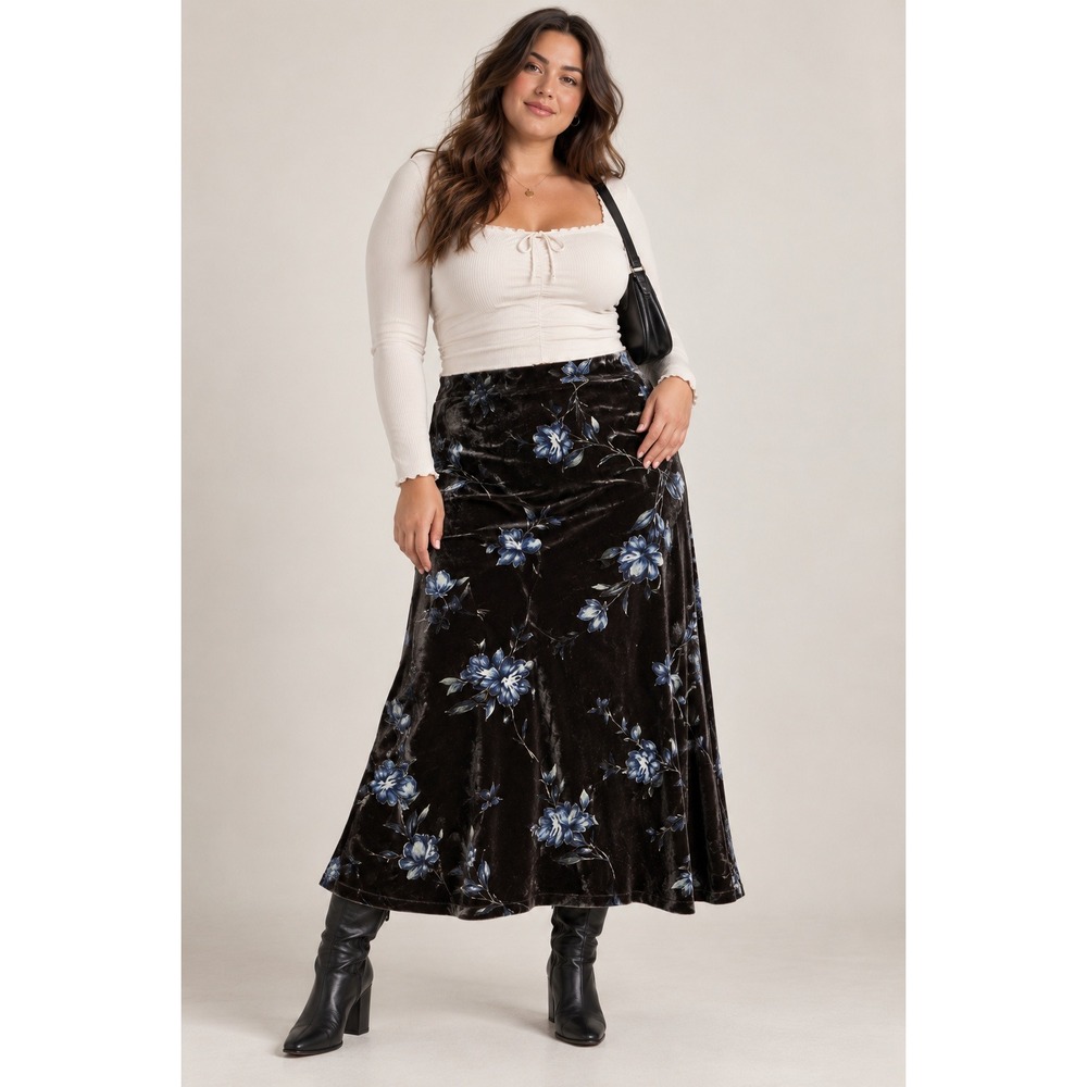Emma James Liz Claiborne Floral Velvet Maxi Skirt Blue Brown EJLC0629 Size 18W